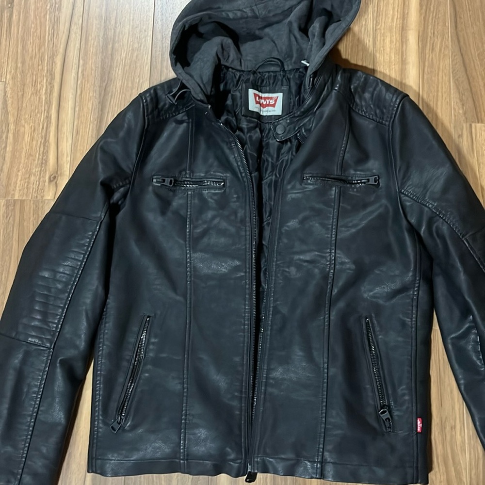 Levis Jacket Mens Small Faux Leather Sweatshirt Hood Full Zip Quilt Lining Moto